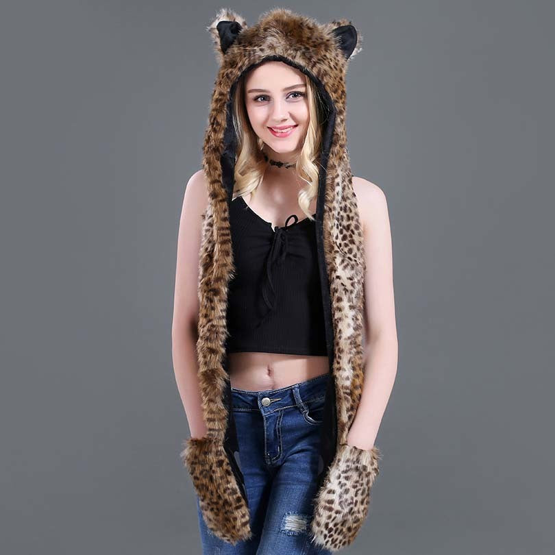 Faux Fur Straw Cartoon Animal Hat Scarf Gloves One - Bellarte Enchanté Faux Fur Straw Cartoon Animal Hat Scarf Gloves One